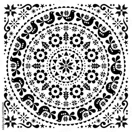 Christmas Scandinavian folk vector design mandala - winter round black and white festive pattern, Xmas greeting card with flowers, birds and snowflakes 