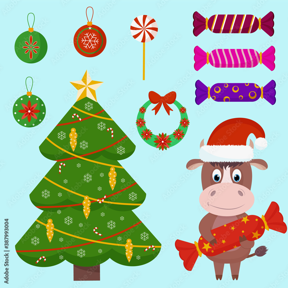 Vector set of Christmas tree, symbol of Chinese new year 2021, candy and gifts. Flat vector cartoon illustration.