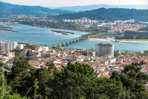 General view of the city of Viana do Castelo, with the Eiffel metal bridge, over the river Lima, North region, NUT III sub-region of Alto Minho, Portugal