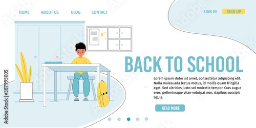 Back to school for studying getting knowledge landing page. Little preteen schoolboy sitting at classroom desk. Pupil boy on lesson. Education, teaching class for children. Platform for learning