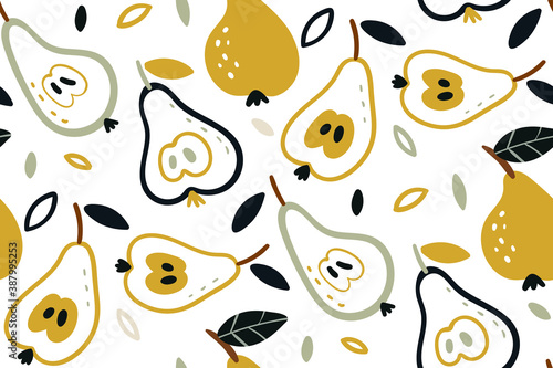 Vector seamless pattern with pears isolated on white background. Hand drawn illustration of summer fruit. Fresh design great for wallpaper, gift wrap, fabric. Green pear on a branch.