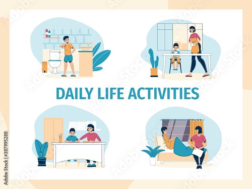 Mother son daily life family activity at home set. Loving mom adorable son pastime. Woman cooking breakfast feeding child, teaching, reading book fairytale to kid in evening. Happy parenting
