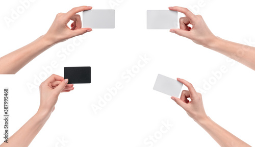 Collage female caucasian hands with blank business card isolated on white background. blank for designers