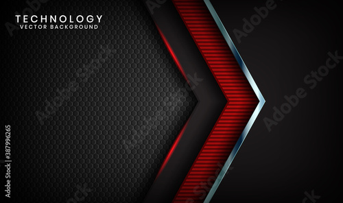 Abstract 3D black techno background overlap layers on dark space with red light effect decoration. Modern graphic design template elements for poster, flyer, cover, brochure, landing page, or banner