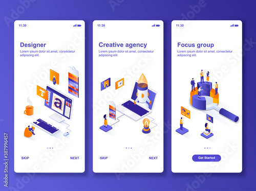 Creative agency isometric design kit. Focus group discussion, design studio templates for mobile app. Marketing and promotion UI UX onboarding screens. Vector illustration with tiny people characters.