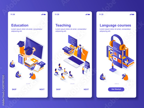 Language courses isometric GUI design kit. Distance education, online teaching templates for mobile app. E-learning platform UI UX onboarding screens. Vector illustration with tiny people characters.