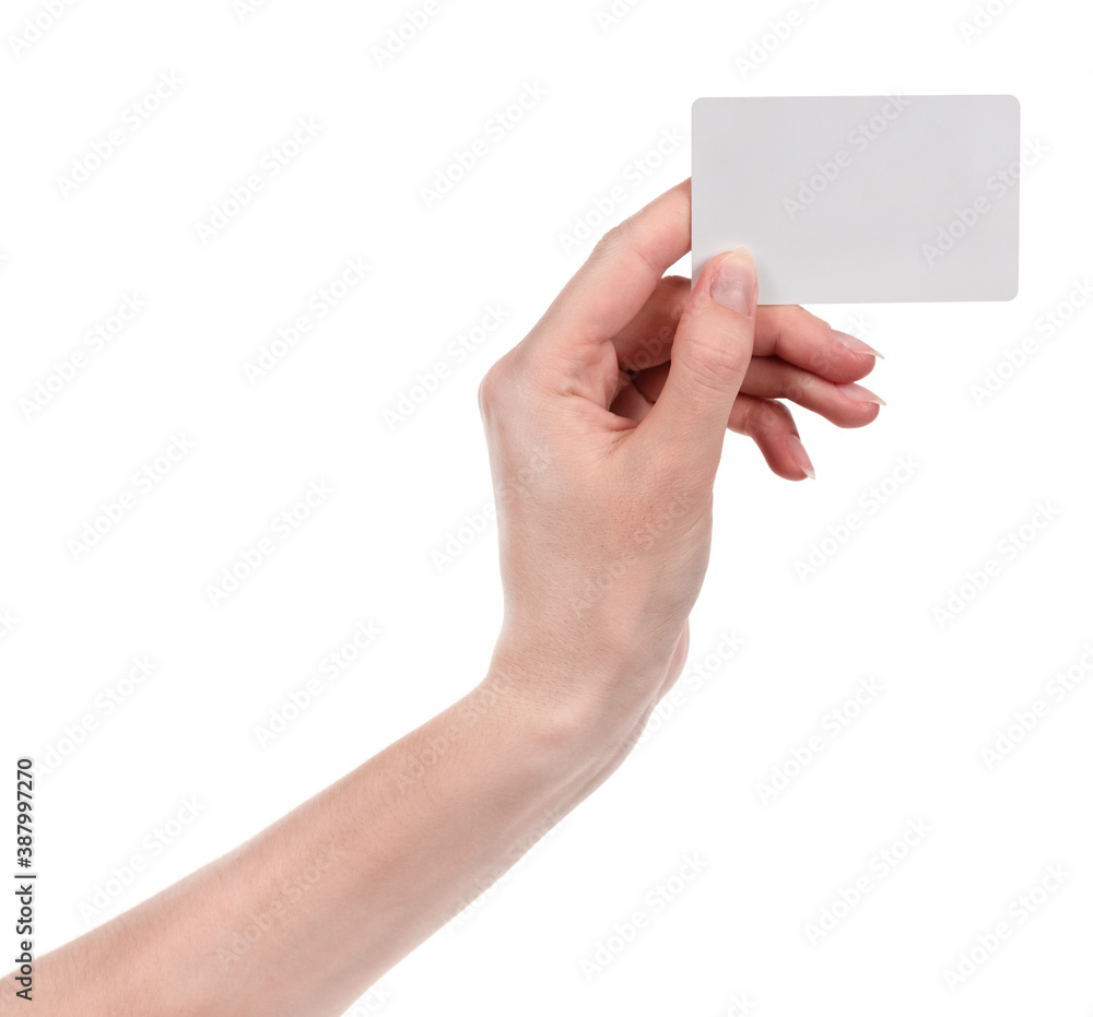 Female caucasian hands with blank business card isolated on white background. blank for designers Female caucasian hands with blank business card isolated on white background. blank for designers