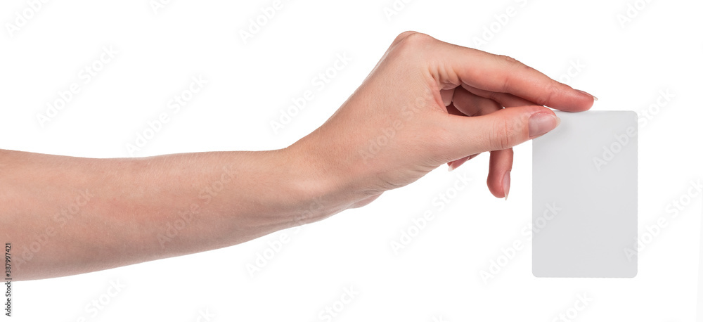 Female caucasian hands with blank business card isolated on white background. blank for designers Female caucasian hands with blank business card isolated on white background. blank for designers