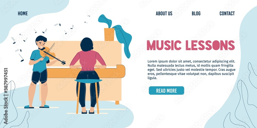 Music lesson landing page. Woman or mother teaching son child indoor. Boy playing violin, female character accompany on piano in classroom. Children hobby, creativity. Home family concert Music lesson landing page. Woman or mother teaching son child indoor. Boy playing violin, female character accompany on piano in classroom. Children hobby, creativity. Home family concert