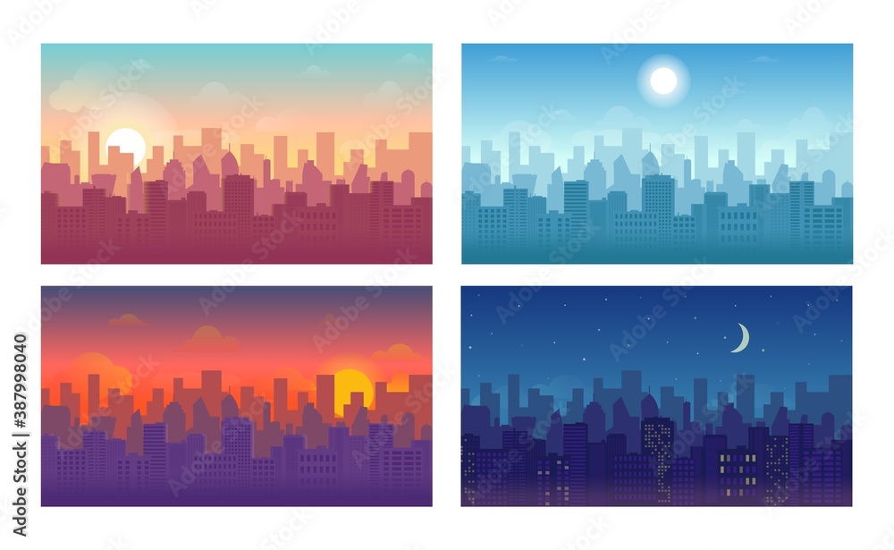 Daytime cityscape set. Morning sunrise, day, evening sunset and night city skyline landscape with town skyscraper building architecture silhouette vector illustration isolated on white background