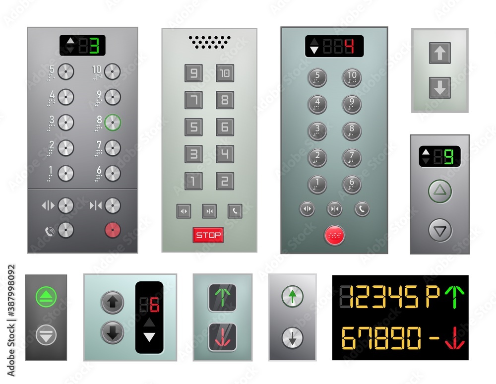 Realistic elevator metal button, digital panel and display set with stop pointer, up and down arrow, floor stage digit indicator, green and red light vector illustration isolated on white background Realistic elevator metal button, digital panel and display set with stop pointer, up and down arrow, floor stage digit indicator, green and red light vector illustration isolated on white background