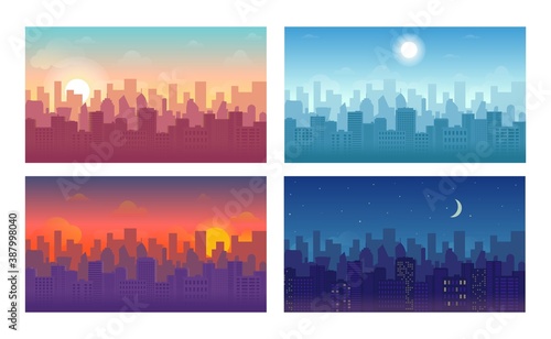 Daytime cityscape set. Morning sunrise, day, evening sunset and night city skyline landscape with town skyscraper building architecture silhouette vector illustration isolated on white background