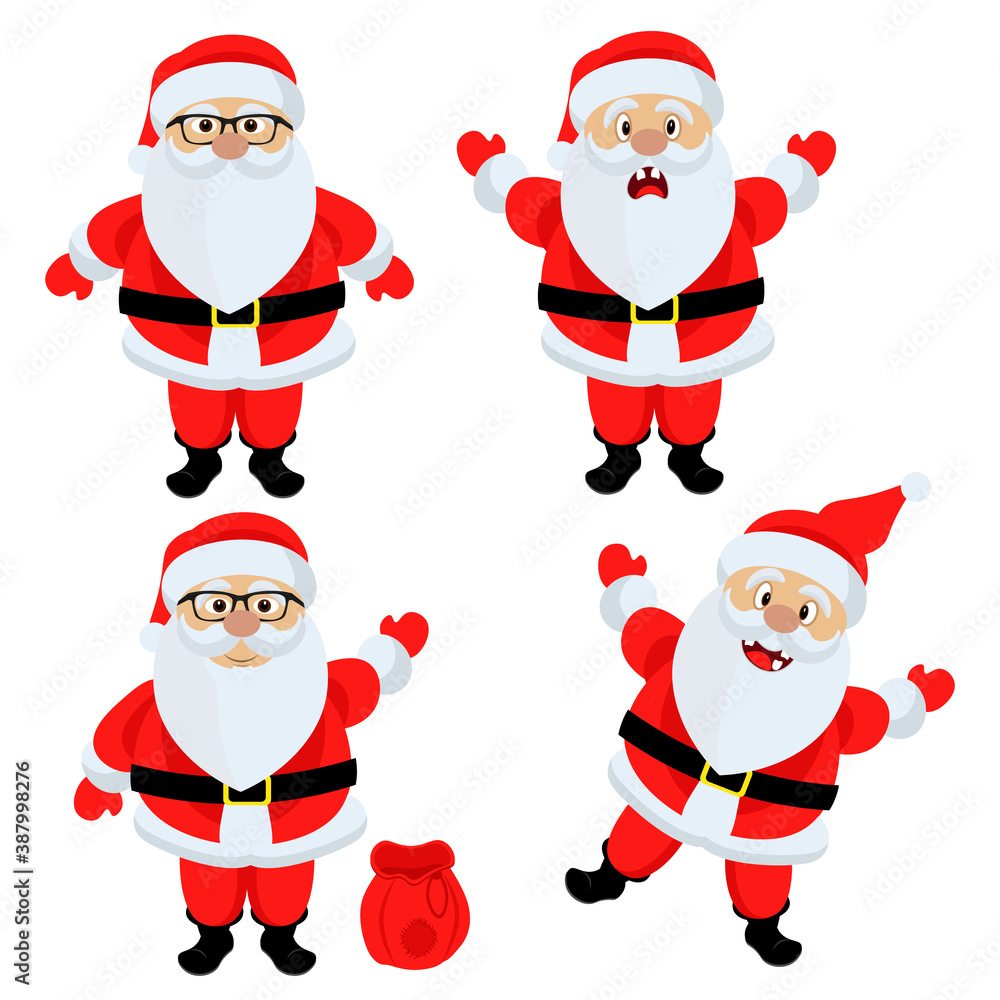 Set of vector funny Santas. Illustration on the theme of new year and Christmas holidays. Set of vector funny Santas. Illustration on the theme of new year and Christmas holidays.