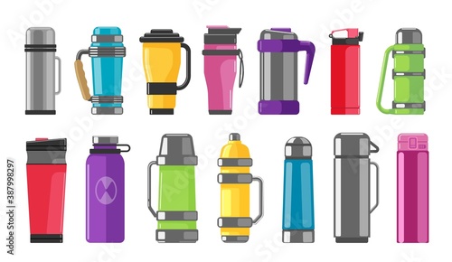 Thermos vacuum flask or bottle, metal bottled container or aluminum reusable thermo mug sample set. Portable utensil for hot drink, coffee or tea vector illustration isolated on white background