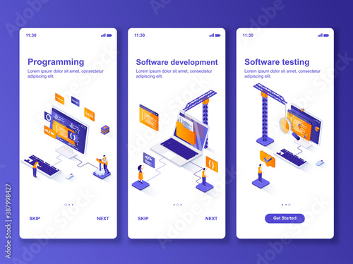 Software development isometric GUI design kit. Software engineering, programming and testing templates for mobile app. UI UX onboarding screens. Vector illustration with tiny people characters.