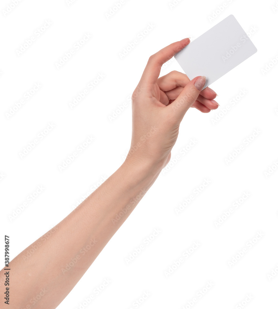 Female caucasian hands with blank business card isolated on white background. blank for designers Female caucasian hands with blank business card isolated on white background. blank for designers