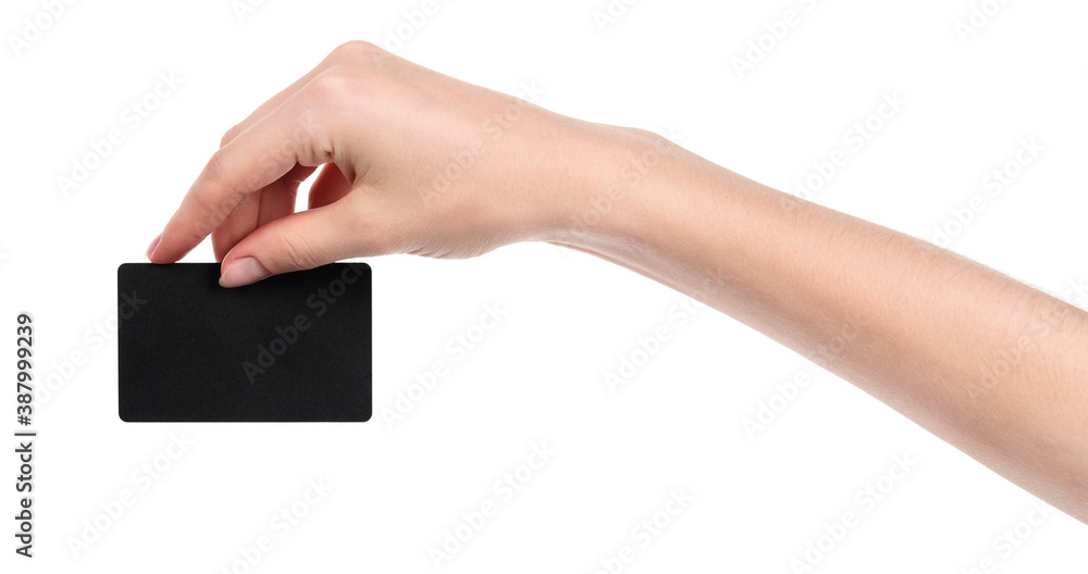 Obraz premium Female caucasian hands with blank business card isolated on white background. blank for designers