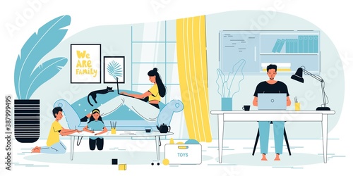Home office apartment interior. Workspace freelancer family. Man woman parent work at laptop. Children drawing at table. Working from house anytime concept. Stay indoors. Business online