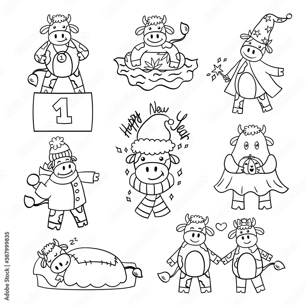 Vector set with a cartoon bull. Coloring page