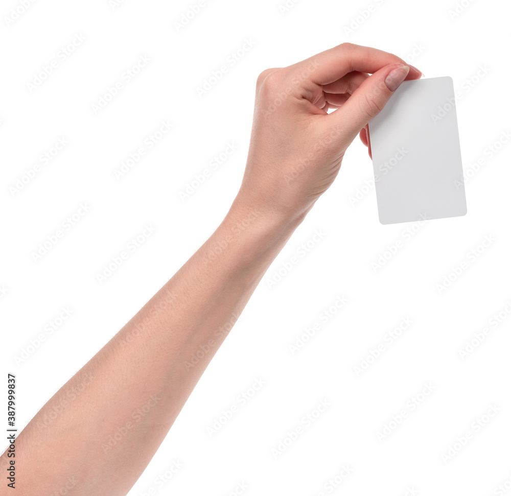 Female caucasian hands with blank business card isolated on white background. blank for designers Female caucasian hands with blank business card isolated on white background. blank for designers