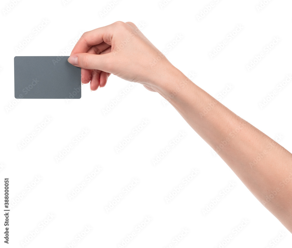 Female caucasian hands with blank business card isolated on white background. blank for designers Female caucasian hands with blank business card isolated on white background. blank for designers