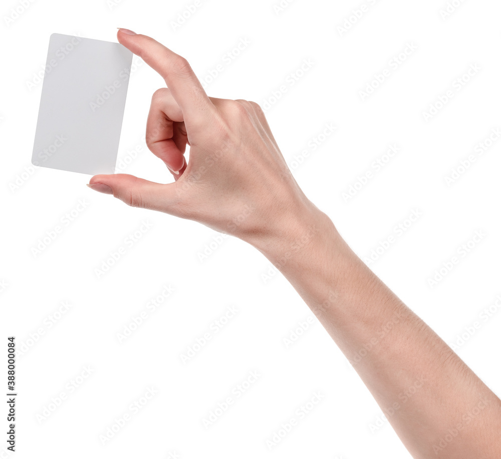 Female caucasian hands with blank business card isolated on white background. blank for designers Female caucasian hands with blank business card isolated on white background. blank for designers