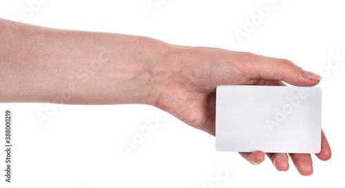 Female caucasian hands with blank business card isolated on white background. blank for designers