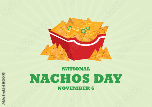 National Nachos Day vector. Mexican nachos corn tortilla with cheese and peppers icon vector. Nacho chips in a box vector. Nachos Day Poster, November 6. Important day