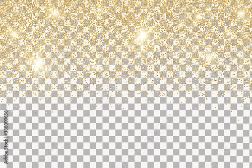 Sparkling falling gold dust.on transparent background. Vector horizontal background with glitter and space for text.
