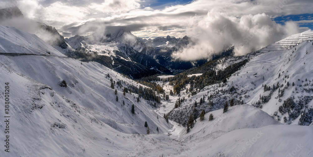 Sella rock massif in winter, in the Dolomites, Italy