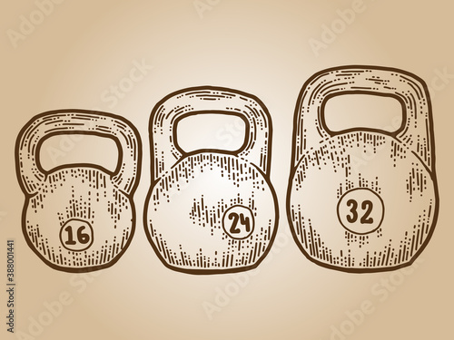 Sports equipment, three weights. Engraving sketch scratch board imitation. Sepia