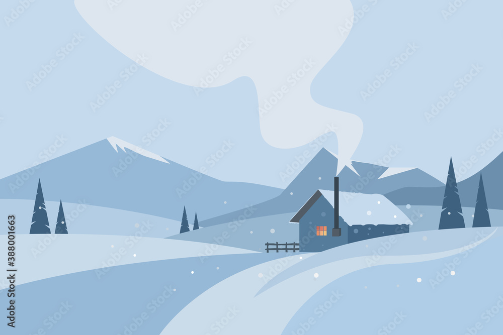 Winter background with mountains, pine trees and a house