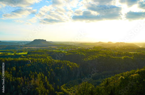 Saxon Switzerland. View at sunset from area "Brand" to landmark "Lilienstein". © marako85