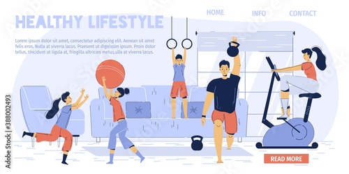 Parent children exercising at home. Father training body using dumbbell, mother doing cardio, kid performing acrobatic workout. Healthy fitness family lifestyle landing page layout design