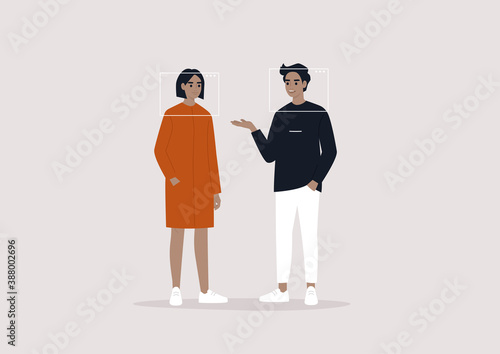 An online meeting, two characters chatting via video call app