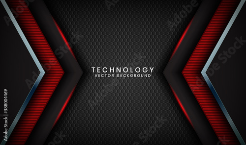 Abstract 3D black techno background overlap layers on dark space with red light effect decoration. Modern graphic design template elements for poster, flyer, cover, brochure, landing page, or banner
