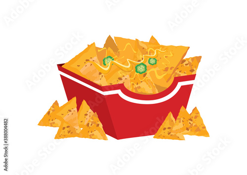 Mexican nacho chips in a box icon vector. Mexican nachos corn tortilla with cheese and peppers icon vector. Nacho chips in a box icon isolated on a white background