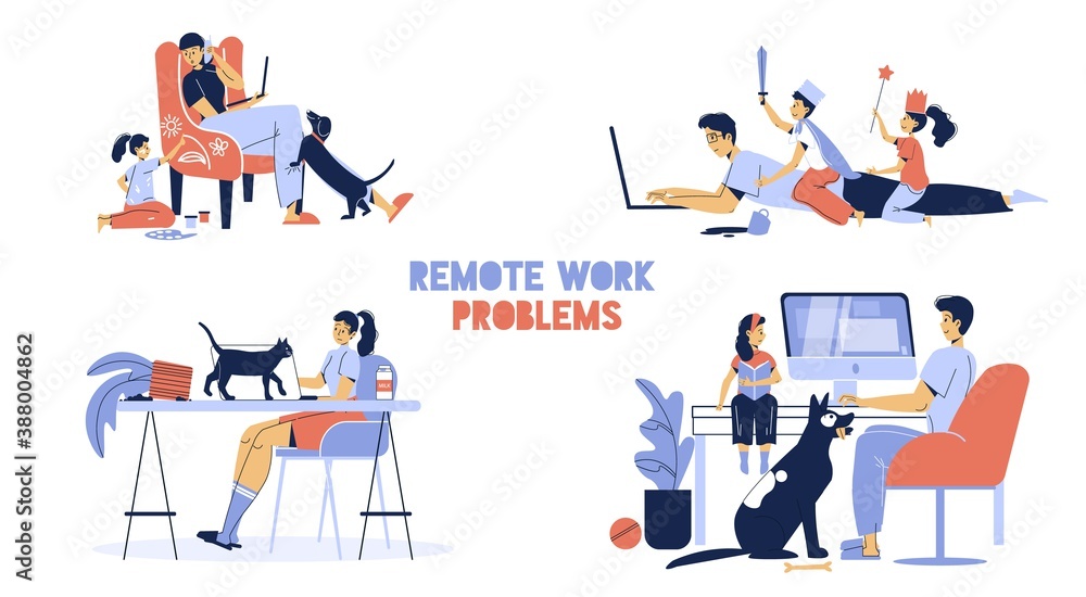 Remote work problem set. Home office disadvantage. Children, dog cat pet distracting father mother freelancer from complicated task job occupation. Stress, procrastination, deadline failure