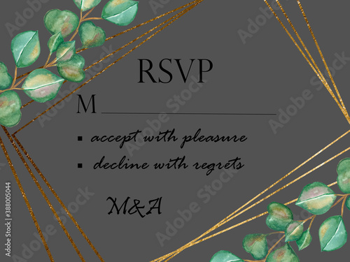 Watercolor hand painted nature geometric frame with green eucalyptus leaves on branch and golden border lines on grey background for wedding invitation card with rsvp accept and decline text