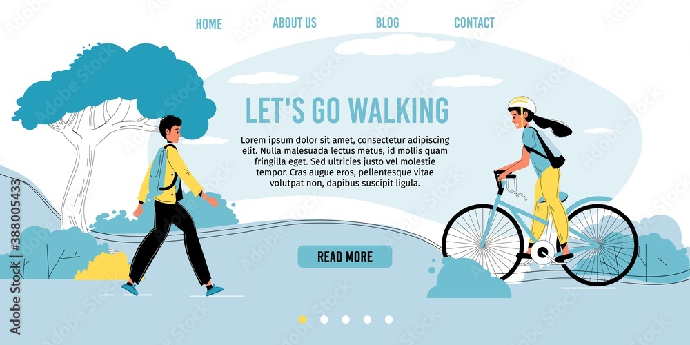Children walking, riding bicycle in natural green city park. Active recreation outdoor, spending time on fresh air. Healthy lifestyle. Inspiration quote offer to walk. Motivation landing page design