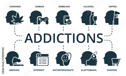 Addiction icon set. Collection contain cannabis, gaming, gambling, alcohol, vaping, smoking, internet, antidepressants. Addiction elements set.