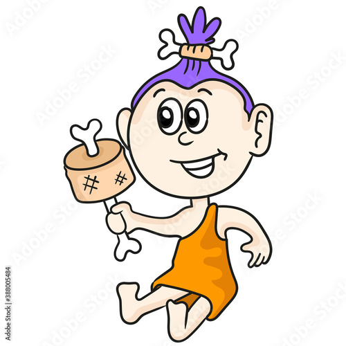 early human baby women carrying meat. cartoon illustration sticker emoticon