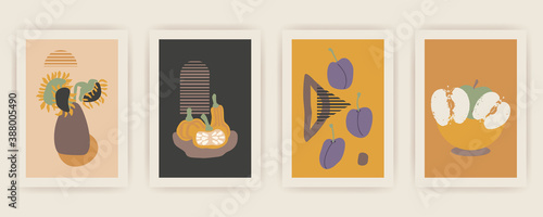 Autumn abstract vector drawing. Mid century modern boho style composition