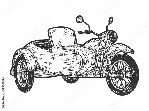 Motorcycle with a sidecar. Engraving vector illustration. Sketch scratch board imitation.
