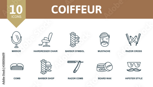 Coiffeur icon set. Collection contain mirror, soap, beard wax, barber shop and over icons. Coiffeur elements set.