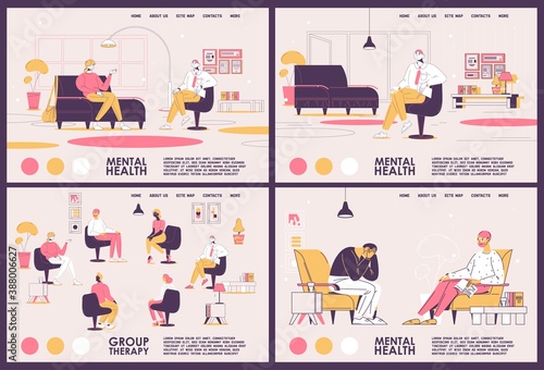 Mental health and problems landing page banners. People at psychotherapy, grouptherapy, depressed and during session. Vector collection in pink and yellow