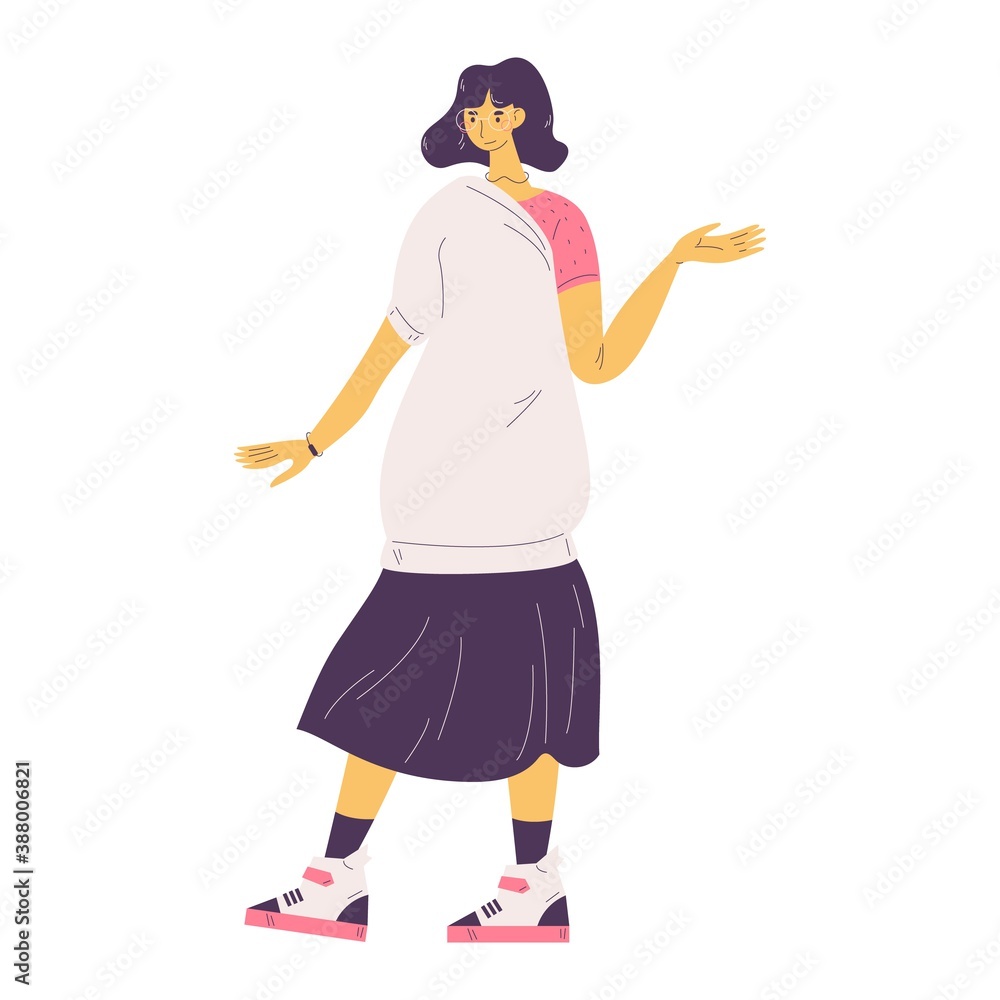 Young woman in fashionable clothes isolated on white. Happy female character in long casual skirt and sneakers. Vector outline teenage girl Young woman in fashionable clothes isolated on white. Happy female character in long casual skirt and sneakers. Vector outline teenage girl
