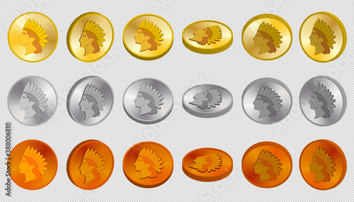 3d set of metal coin tokens with the head of an Indian. Gold, silver and copper. EPS10