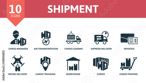 Shipment icon set. Collection contain storage, express delivery, cargo manager, cargo loading, air transportation and over icons. Shipment elements set.