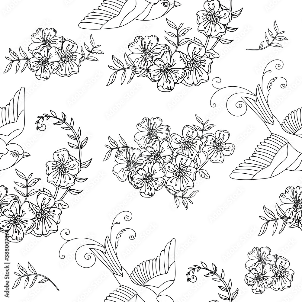 Seamless pattern vector birds and flowers illustration Seamless pattern vector birds and flowers illustration